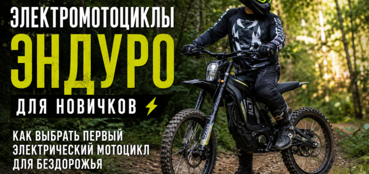 Мотоциклист в лесу на электромотоцикле эндуро